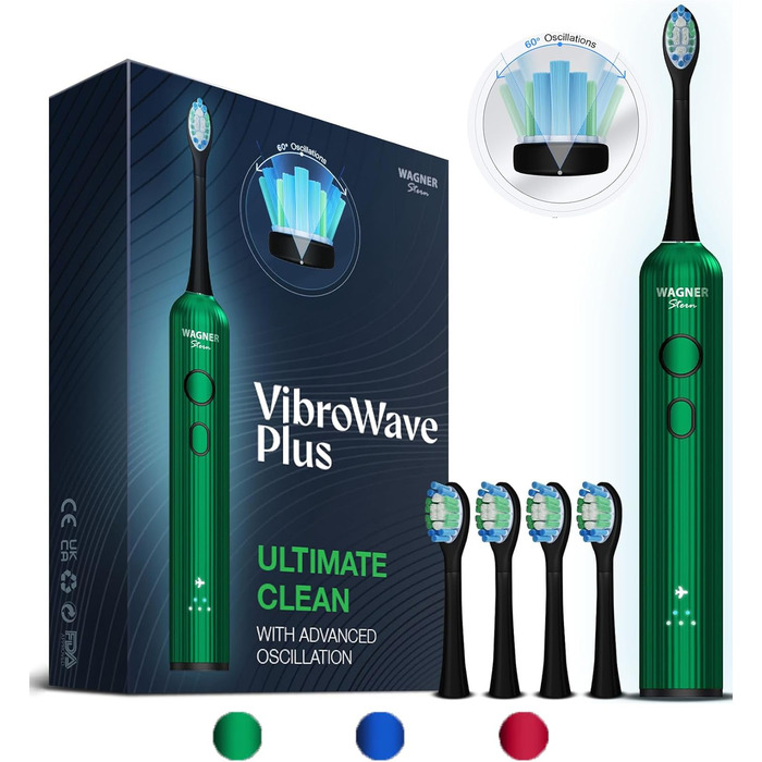 Електрична зубна щітка Wagner Stern VibroWave Plus з 4 насадками, водонепроникна IPX7 (Mint Mirage)