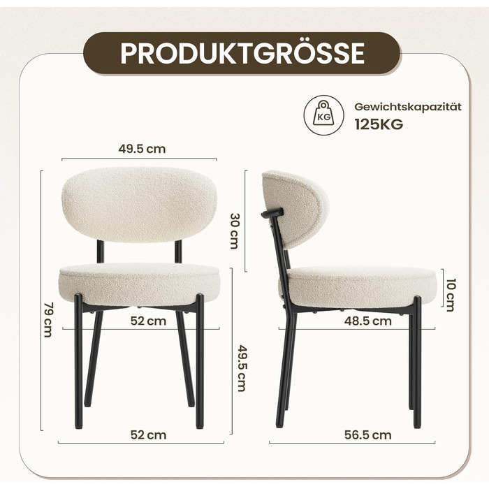 COLAMY Комплект обідніх стільців 4 шт. з м'яким сидінням 10 см – Сучасні м'які стільці з плюшевої тканини Teddy, з міцним металевим каркасом – Для кухні та вітальні, Білий. Комплект 4 шт.
