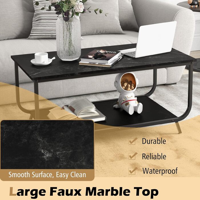 Журнальний столик LIFEZEAL Marble Look, стіл для вітальні з великою стільницею та місцем для зберігання, прямокутний журнальний столик Журнальний столик з металевим каркасом, 105 x 55 x 46,5 см (чорний)