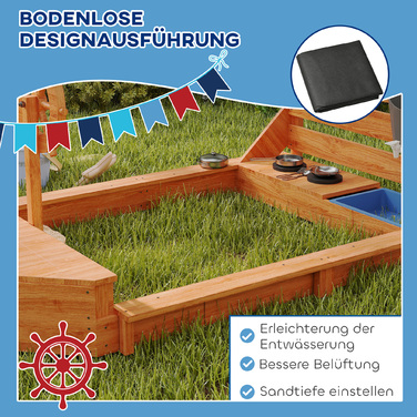 Outsunny Sandpit Sandpit великий з кришкою в дизайні корабля Грязьовик з дерева Вітрильний корабель Ігровий будиночок з кухнею Ігровий набір для зберігання для дітей 3-7 років Помаранчевий 180 x 103 x 144.5 см