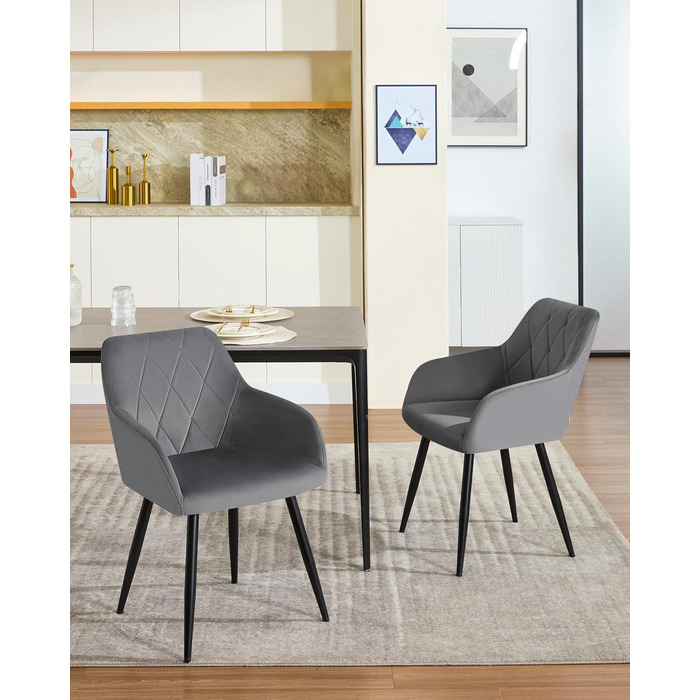 Набір обідніх стільців WOLTU з підлокітниками та спинкою, для кухні, вітальні, їдальні, м'який оксамитовий чохол, металеві ніжки, темно-сірий, 8 шт.
