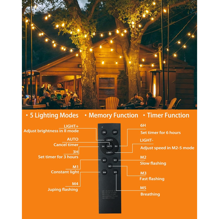 LED гірлянда для зовнішнього використання, G40 лампочки, ABS пластик, сонячна, вологостійка, для романтичного декору саду та балкону (24V, 20M, 33 лампочки)