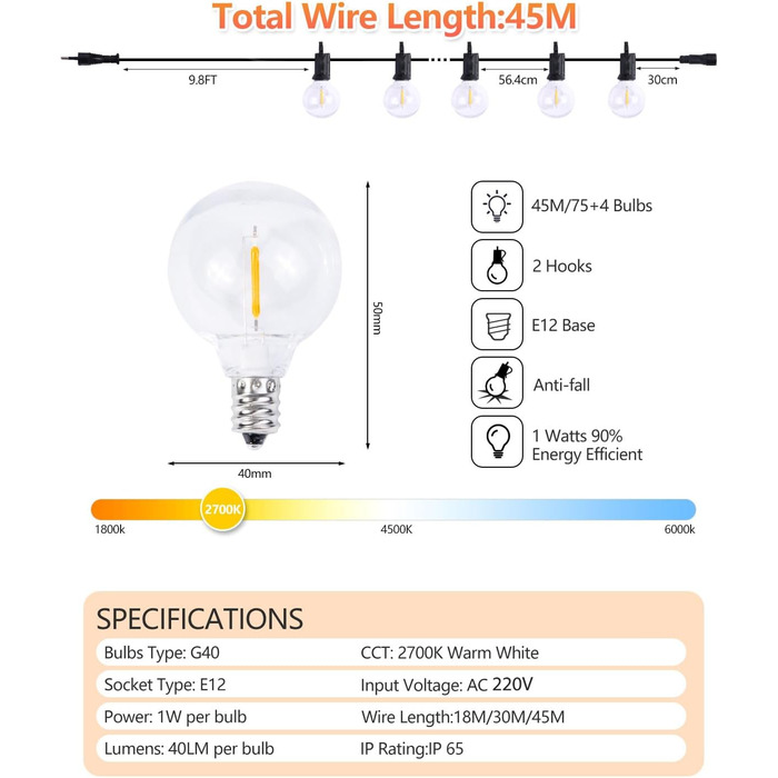 Світлодіодні ліхтарі для вулиці/приміщення, теплий білий водонепроникний IP65, лампи G40 для саду та вечірок (45M)