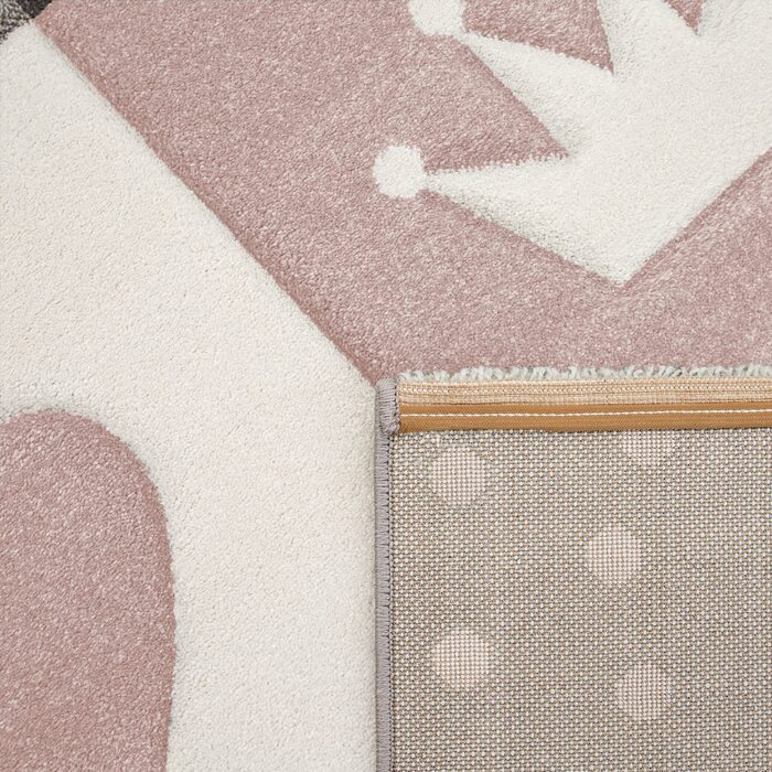 Домашній дитячий килим Paco пастельних тонів в клітку в горошок, сердечка, корона, білий, сірий, рожевий, Розмір 133 см в квадраті, 133 см в квадраті, рожевий