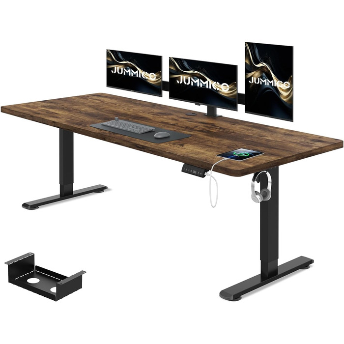 Регульований стіл JUMMICO 140x70 см з кабельною масою, електричний, з USB, комп'ютерний, ергономічний, для офісу, вінтажний коричневий