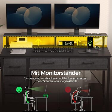 Комп'ютерний стіл Seventable з розетками та LED-підсвічуванням, 100 см, ігровий стіл з 5 ящиками та підставкою для монітора, для офісу, робочого кабінету, спальні, вітальні, чорний