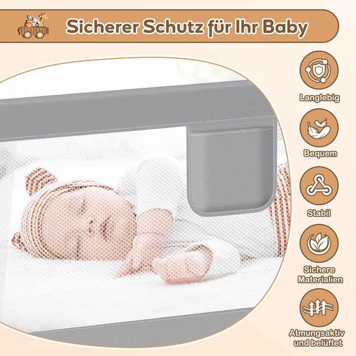 Захисний бортик для ліжка дитячий Ikodm 2x200 см + 1x180 см, регульована висота 64-96 см, сірий