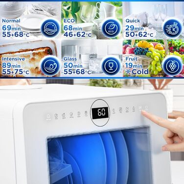 Настільна посудомийна машина Duronic DW5 BK, міні, 6 програм, 3 комплекти посуду, бак 5 л, без підключення до води