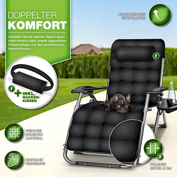 Розкладний шезлонг Tillvex® для саду та відпочинку | Макс. 200 кг, регульований, з товстим матрацом та подушкою для шиї | Чорний