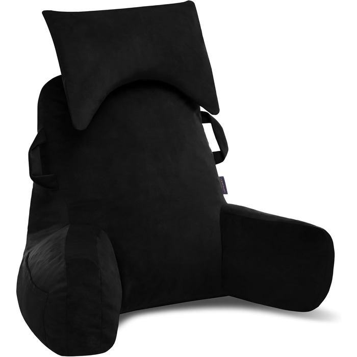 Підкова для читання з підголовником, м'яке спинне крісло з підлокітниками та кишенями для дорослих, зручне ліжко з піною з пам'яті для гуртожитку (Чорний, Преміум Великий)
