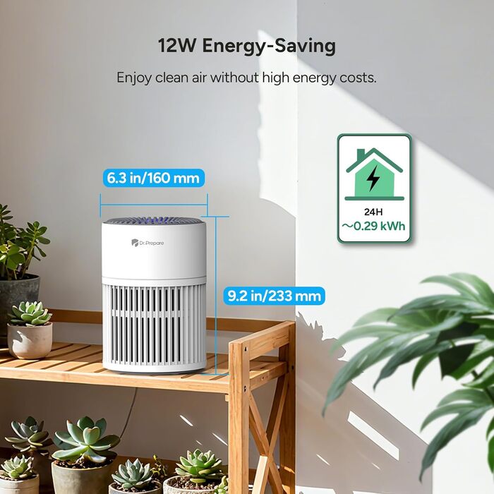 Повітряочисник DR.PREPARE для алергіків: тихий, енергоефективний, HEPA фільтр, видаляє 99,97% пилу та плісняви, миючий попередній фільтр, 15dB, режим сну, для спальні та офісу