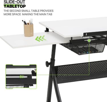 Набір мольбертів Magshion: регульований стіл для художника з нахиленою дерев'яною стільницею, стілець та 2 висувними ящиками для зберігання. Підходить для дому, офісу та школи (білий/чорний)