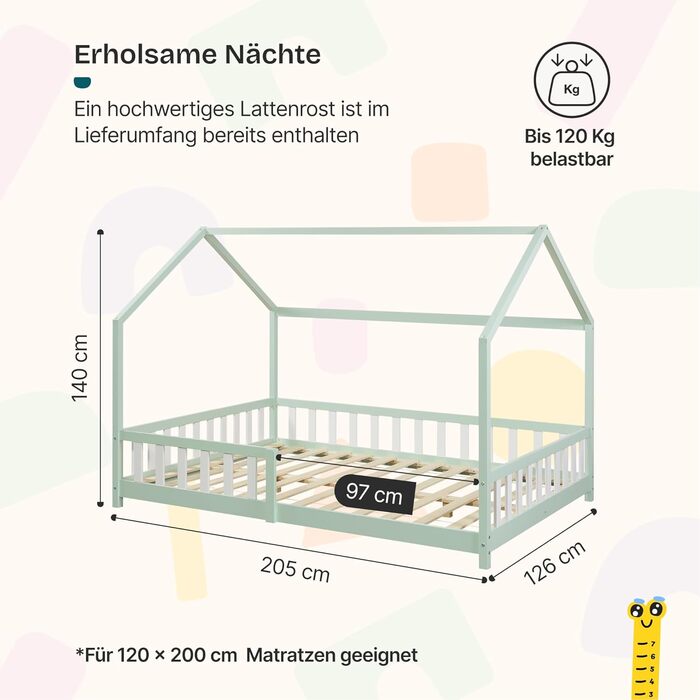 Дитяче ліжко Hesel Hausbett: біле, з бортиками та ламелями, Montessori, 120x200 см