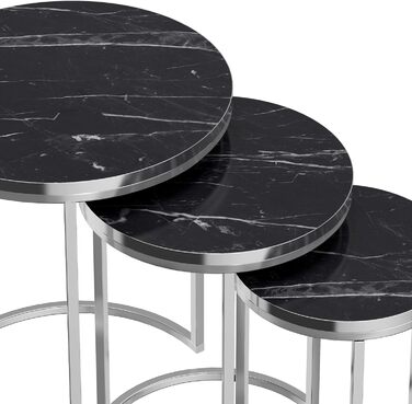Стіл гніздовий Bornholm Журнальний столик в комплекті з 3 шт. Журнальний столик з шпильками для вітальні 3 шт. з металу і ДСП круглого кольору (мармур, чорний)