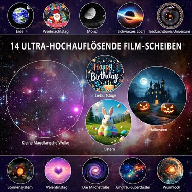 Проектор нічного неба Sternenhimmel Home Planetarium: лампа-проектор зірок та галактики для дітей та дорослих, 14 дисків з планетами, Місяцем та тематичними сценами для спальні