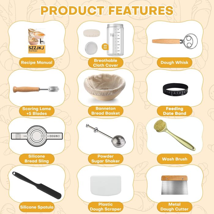 Набір для приготування закваски: кошик для бродіння (Banneton), скляна тара, ніж для хліба (Bread Lame), скребок для тіста, скребок-лопатка та силіконовий хлібний гребінець