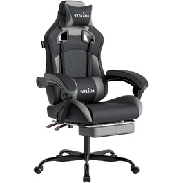 Ігровий крісло SUKIDA з підніжкою, ергономічний, для геймінгу та офісу, сірий