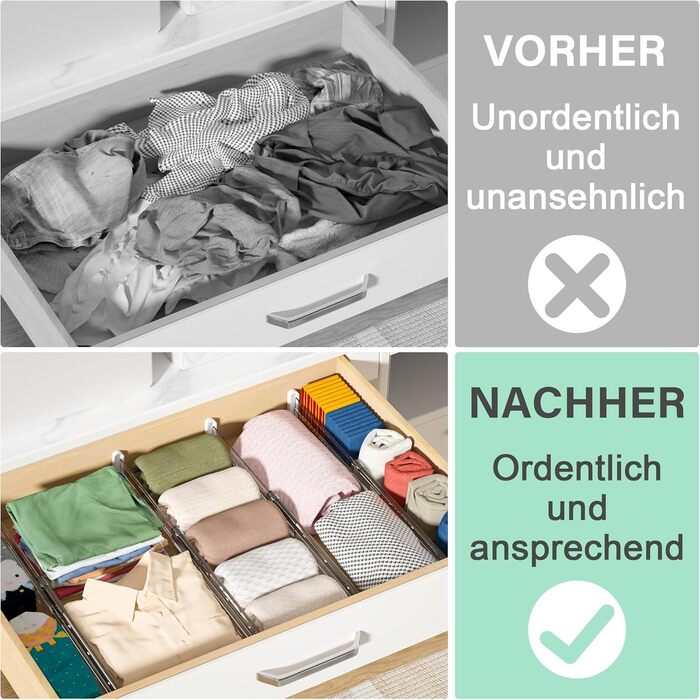 FUNIZE Регульовані роздільники для ящиків з вставками, 8 шт., роздільники 32-58 см + 16 шт. вставок 9-18 см, Органайзер для ящиків, Кухня, Спальня, Офіс, 6 см висота