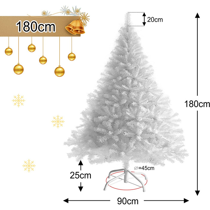 Штучна ялинка 150 см (Ø близько 75 см), штучна Біла ялинка з 420 гілками, знімна складна і вогнестійка, Різдвяна ялинка з металевою підставкою (Ø близько 35 см) (білий-180 см-900 гілок)