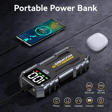 Powerbank для автомобіля Starthilfe 5000A: Jump Starter з LED та QC 3.0 USB для 12V авто, мотоциклів та газонокосарок