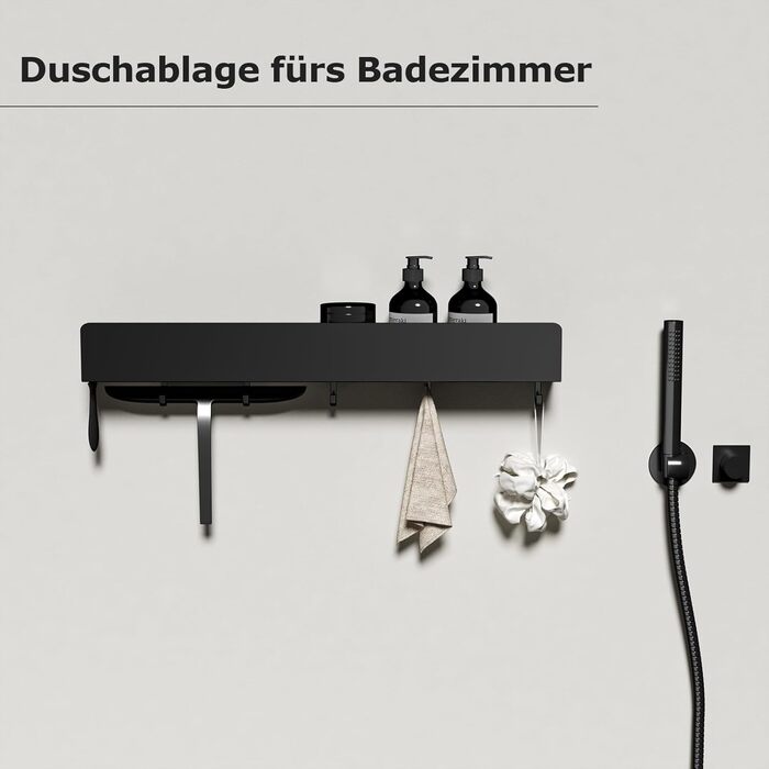 Поличка для душу Rekita без свердління, органайзер для ванної кімнати 40 см, поличка з нержавіючої сталі з 4 знімними гачками, тримач для шампуню для душу, навісна полиця, полиця для ванної кімнати (Чорний-50см)