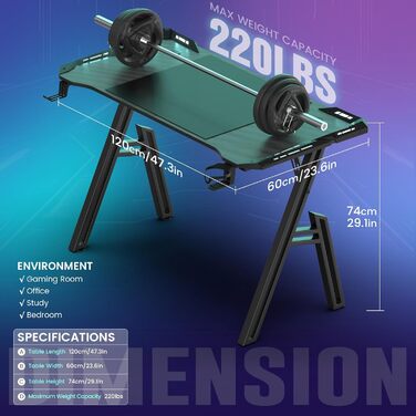 Ігровий стіл Kidsgigglz з LED підсвічуванням 120x60 см - ергономічний комп'ютерний стіл з тримачем для напоїв та гачком для навушників для дому, офісу, кутовий стіл