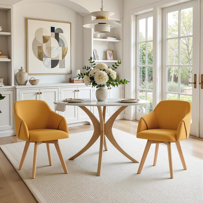 Обідальні стільці Bekrvio (2 шт) з обертанням та підлокітниками – 360° для їдальні, стільці до обіднього столу, обертаються, з м'яким сидінням, з дерев'яними ніжками з масиву бука, жовті, з тканини льон