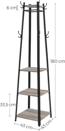 Стійка для одягу VASAGLE з 8 гачками, 4 полицями та вішалкою, металевий каркас, для шалей, курток, сумок, для прихожого, золотий дуб + білий колір (Greige Meliert + Tintenschwarz)