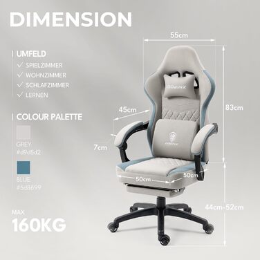 Ігрове крісло Dowinx з тканини та гелевою подушкою, масажне, з підставкою для ніг, ергономічне, з кишенею для зберігання, для ПК, офісне, вантажопідйомність 150 кг, сіре