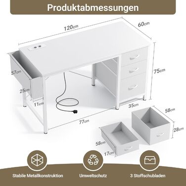 Комп'ютерний стіл Claiks з 3 висувними ящиками, 100x60 см, з розетками та USB, для дому та офісу