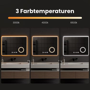 EMKE® LED дзеркало для ванної кімнати 80x60 см з підсвічуванням, сенсорне, регулювання яскравості, протитуманне, 3 кольори світла, годинник, IP44