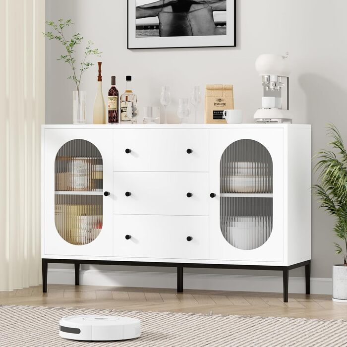 Буфет-шафа FirFurd 120 см білий з робочою поверхнею, 2 скляні дверцята та 3 висувні ящики для кухні, вітальні, їдальні. Розміри: 120x38x80 см