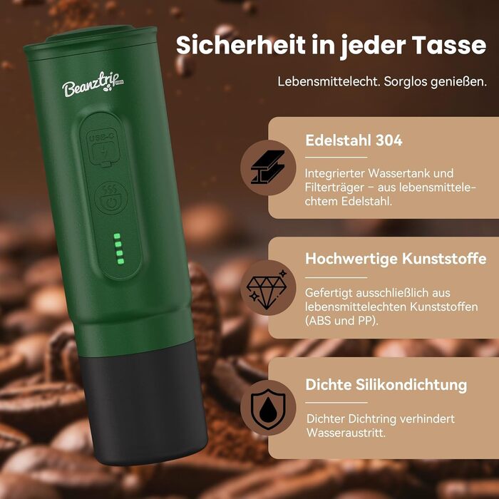BeanzTrip H02 PRO портативна кавомашина з акумулятором, 2-в-1 для еспресо та кави, сумісна з капсулами NS та меленою кавою, 20 Bar, USB-C, для подорожей, кемпінгу та автодому (темно-зелений)