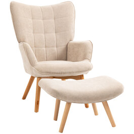 Крісло HOMCOM Wingback з табуретом Крісло з м'якою реклайнером Вельвет Look Крісло для відпочинку Крісло Крісло з дерев'яними ніжками Телевізор Крісло бежеве для вітальні