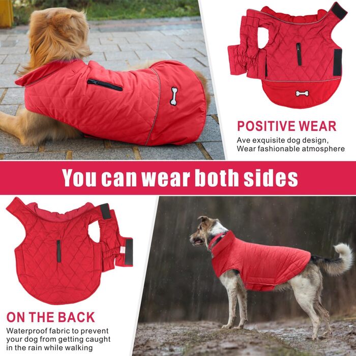 Зимова куртка Idepet Windproof Dog Coat з отвором для шлейки для маленьких/середніх собак (3XL, червоний)