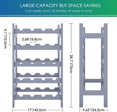 Стильна полиця для вина на 20 пляшок SMIBUY з бамбука - 5 ярусна, сіра