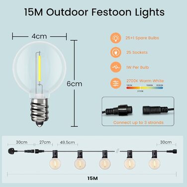 LED гірлянда Bomcosy 60м, 100+4 лампочки G40, IP44, тепле світло для саду, тераси, вечірки, кафе