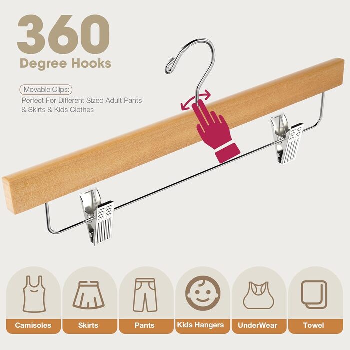 Набір дерев'яних вішалок для штанів Ulimart (24 шт.), з кліпсами, для джинсів, шортів та штанів