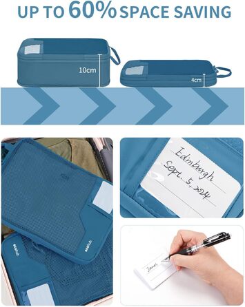 Набір компресійних органайзерів для валізи та рюкзака ECOHUB, 4 шт, з мітками та сітчастим підсиленням, екологічні дорожні сумки для одягу (Синій)