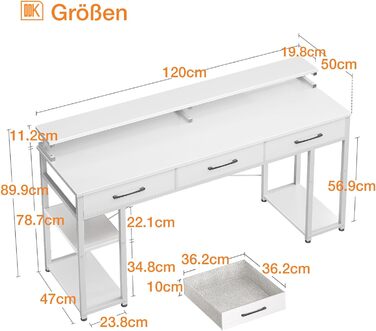 Стіл ODK білий, 3 шухляди, полиця, 120x50x90см, підставка для монітора, стіл для ПК