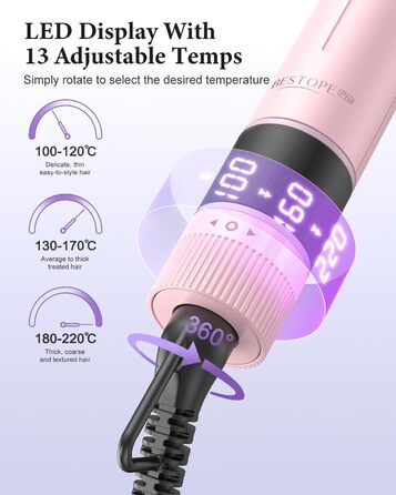 BESTOPE PRO Локкенстаб: Набір випрямляча та плойки 5 в 1 з термощіткою, 3 плойки (9-25 мм) для великих локонів, 13 температур, захисне покриття, рукавичка, затискач (Блідо-рожевий)