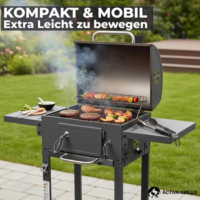 ACTIVA Гриль на вугіллі Angular Smart I з кришкою, регульованою кошиком для вугілля та термометром | Гриль-візок для барбекю