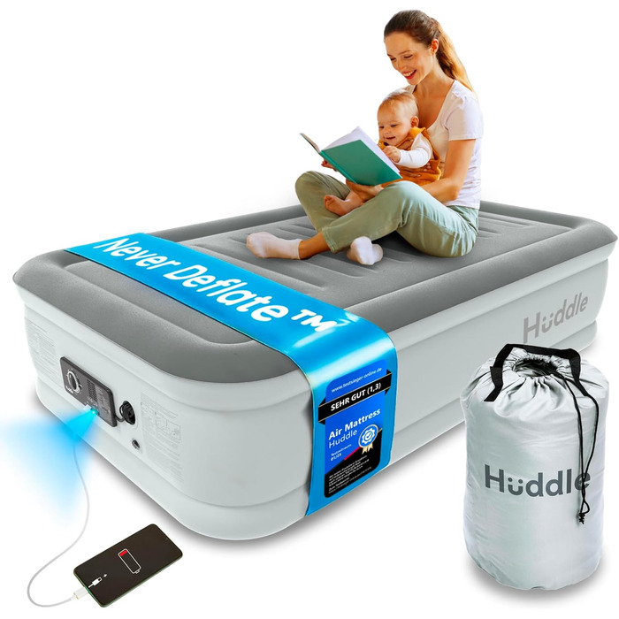 Huddle® Luxury Never Deflate - Розкішне надувне ліжко Never Deflate з запатентованою технологією Dual-Pump-SlumberGuard™ | Надувна матрац з вбудованим насосом | Зручне надувне ліжко (одиночне)