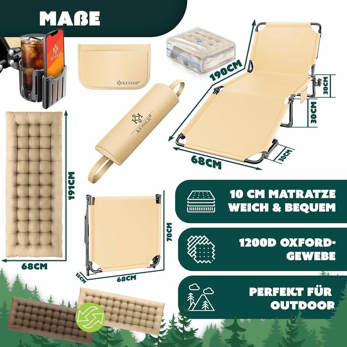 Розкладне кемпінгове ліжко KESSER з преміум-матрацом 190x68x30 см, польове ліжко до 250 кг з подушкою, кишенею та підстаканником, для відпочинку на природі та дому (Колір: Кава/Крем)