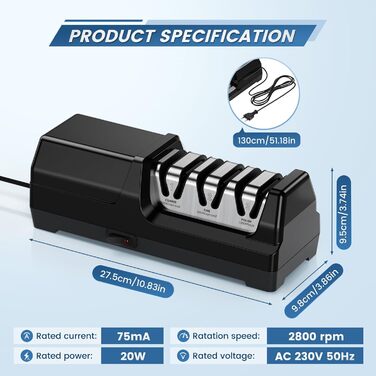 Електричний точило для ножів MusyVocay з алмазним покриттям, професійне 3-ступеневе, кухонне точило з регулюванням кута 20 градусів для грубого шліфування та відновлення леза (чорний)