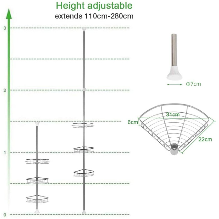 Полиця для душу THINFAR, полиця для ванної з 4 піддонами, душова кабіна, свердління не потрібно, телескопічна полиця для душу з нержавіючої сталі нержавіюча сталь регульована по висоті 110-280 см (3 ступені)