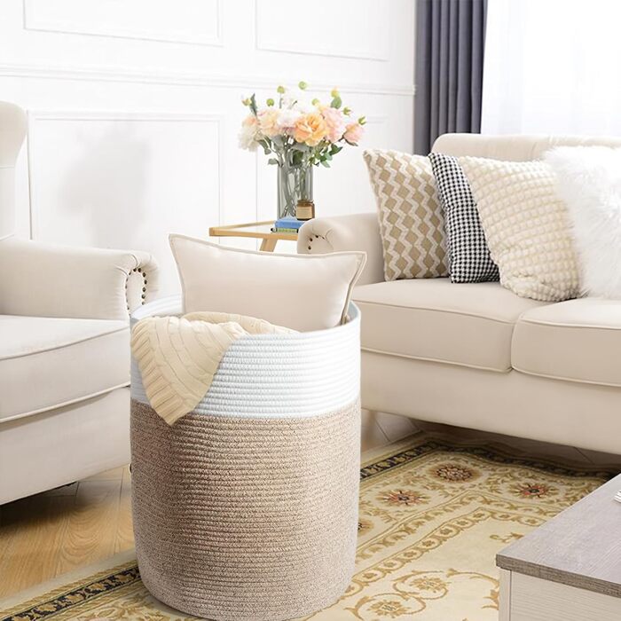 Кошик для білизни 32л з бавовни з ручками, плетені кошики для зберігання, коричневий (34х40 см)