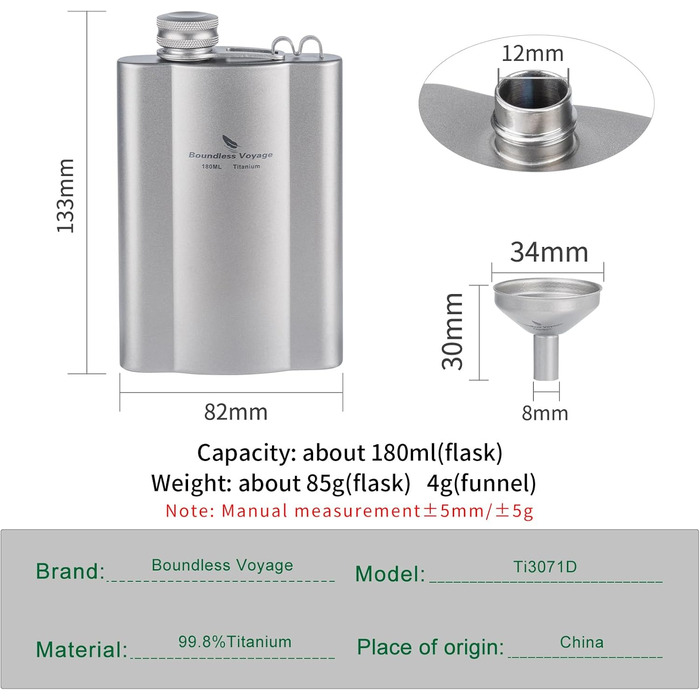 Плоский фляга iBasingo з титану 180мл: ультралегкий, портативний, для напоїв, з воронкою. Ti3071D/Ti3071d-180ml, срібляний