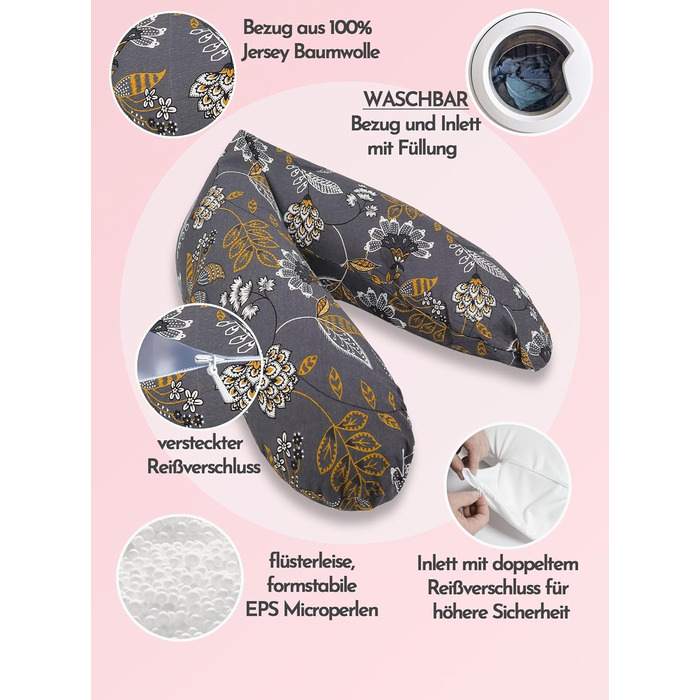 Подушка для вагітних Bear Classic 190 см, анатомічна подушка для сну та підтримки з 100% бавовняного джерсі (Сірі квіти)