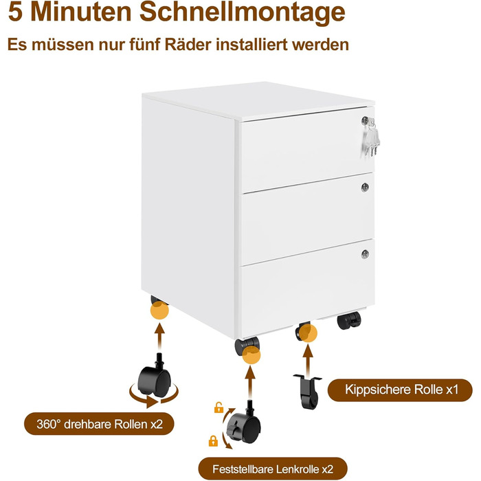 Роликовий контейнер HOMSTEEL з 3 замками, 3 висувні шухляди, для офісу та дому, білий (44T x 37B x 60H см)